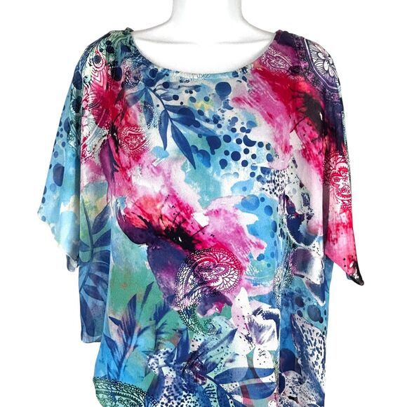 Chicos Size 1 Scarf Top M Colorful Watercolor Kimono Blue Pink White Semi Sheer - Picture 3 of 9